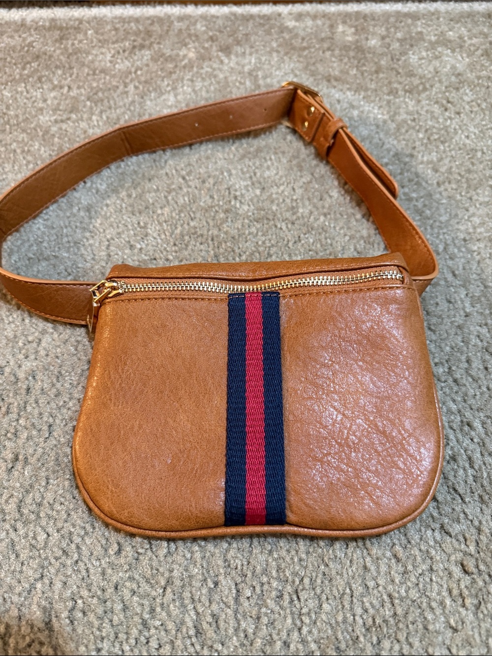 Tan Crossbody Belt Bag with Navy and Red Center Stripe